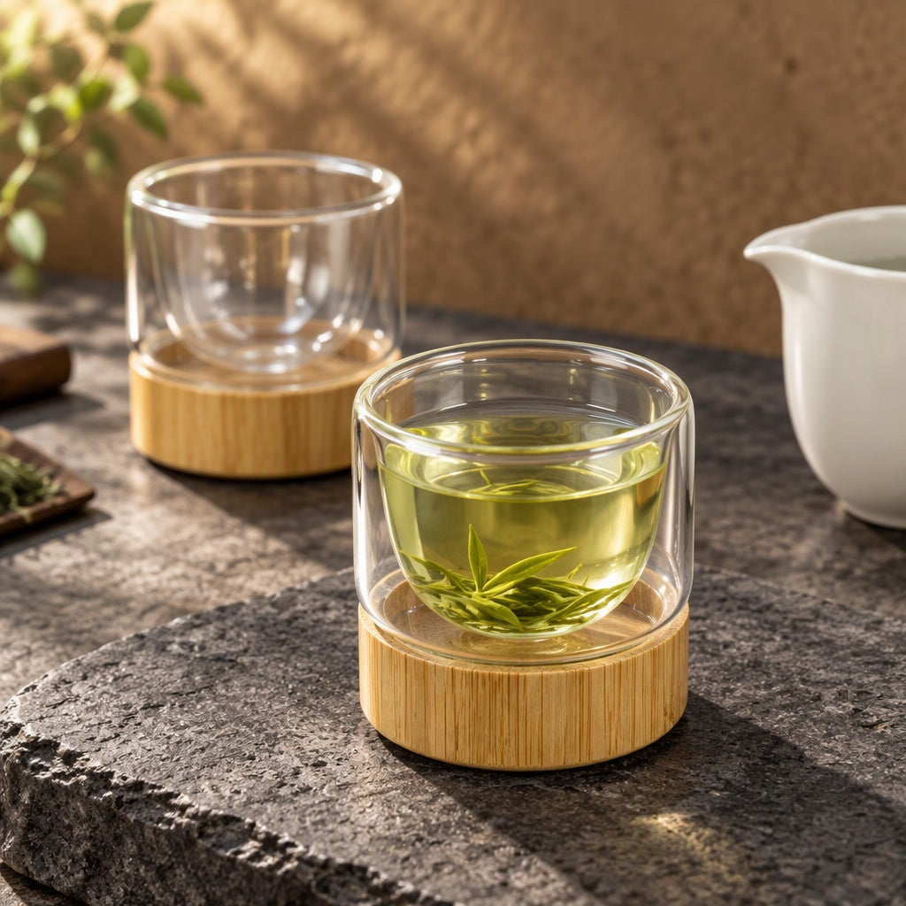 Two double-wall glass cups on bamboo bases on a stone tray