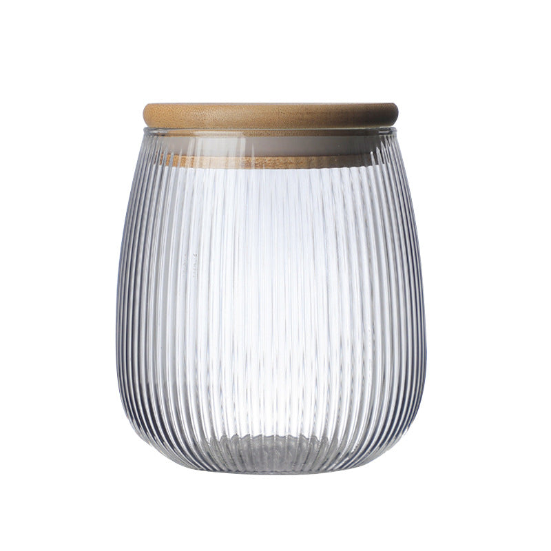 Ribbed glass tea caddy with a bamboo lid