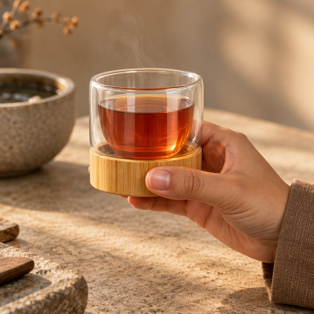 A hand holding a double-wall glass cup of red tea