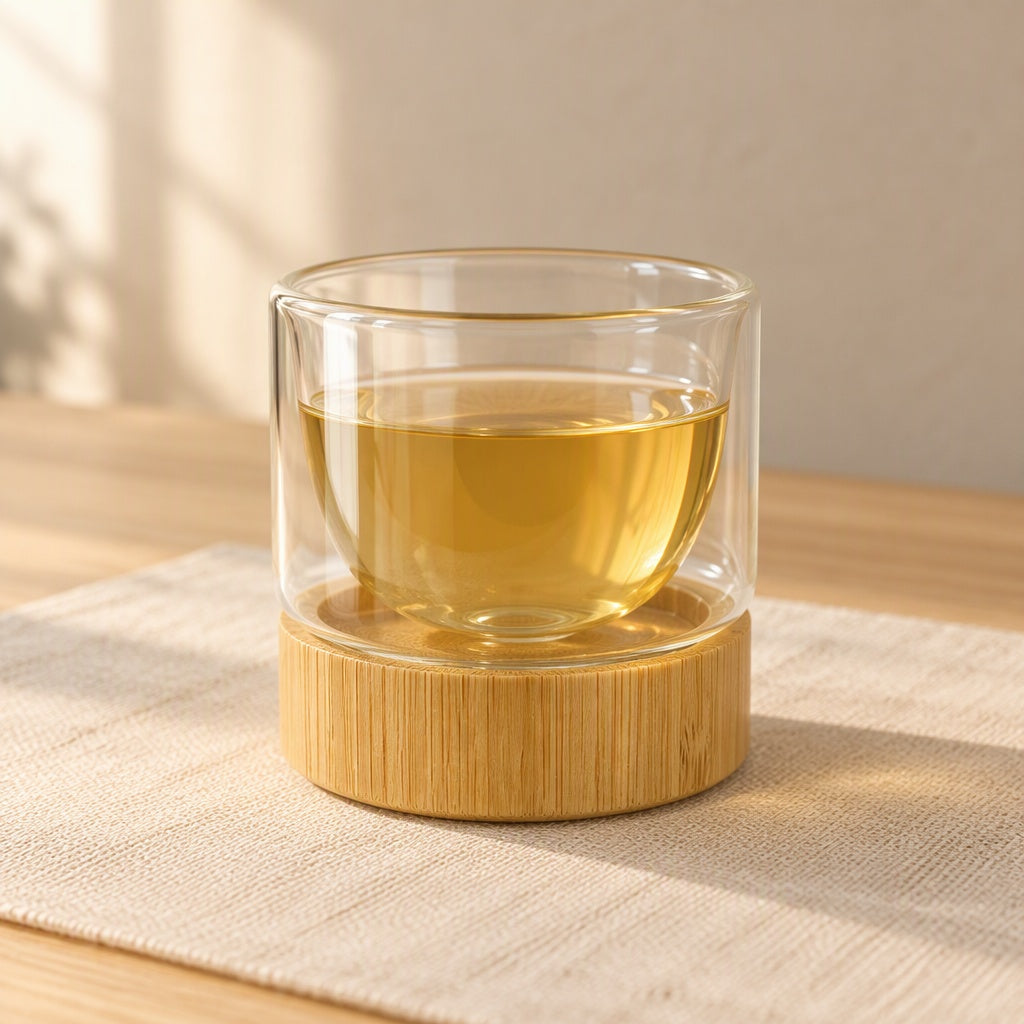 Double-wall glass tea cup on a bamboo base, filled with green tea