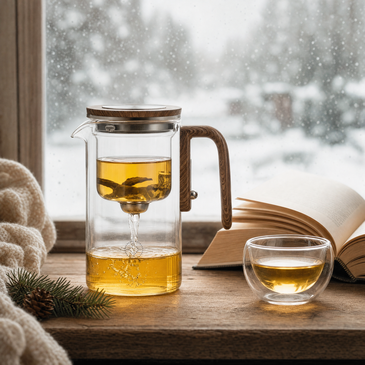 The Mesato Teapot with oolong tea on a snowy winter windowsill