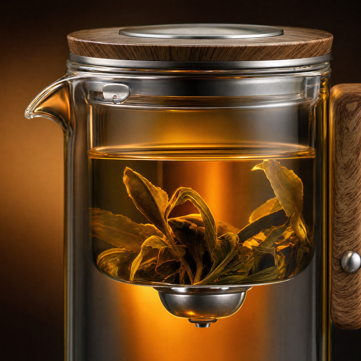 Tea leaves unfurling in the inner glass chamber above the steel filter