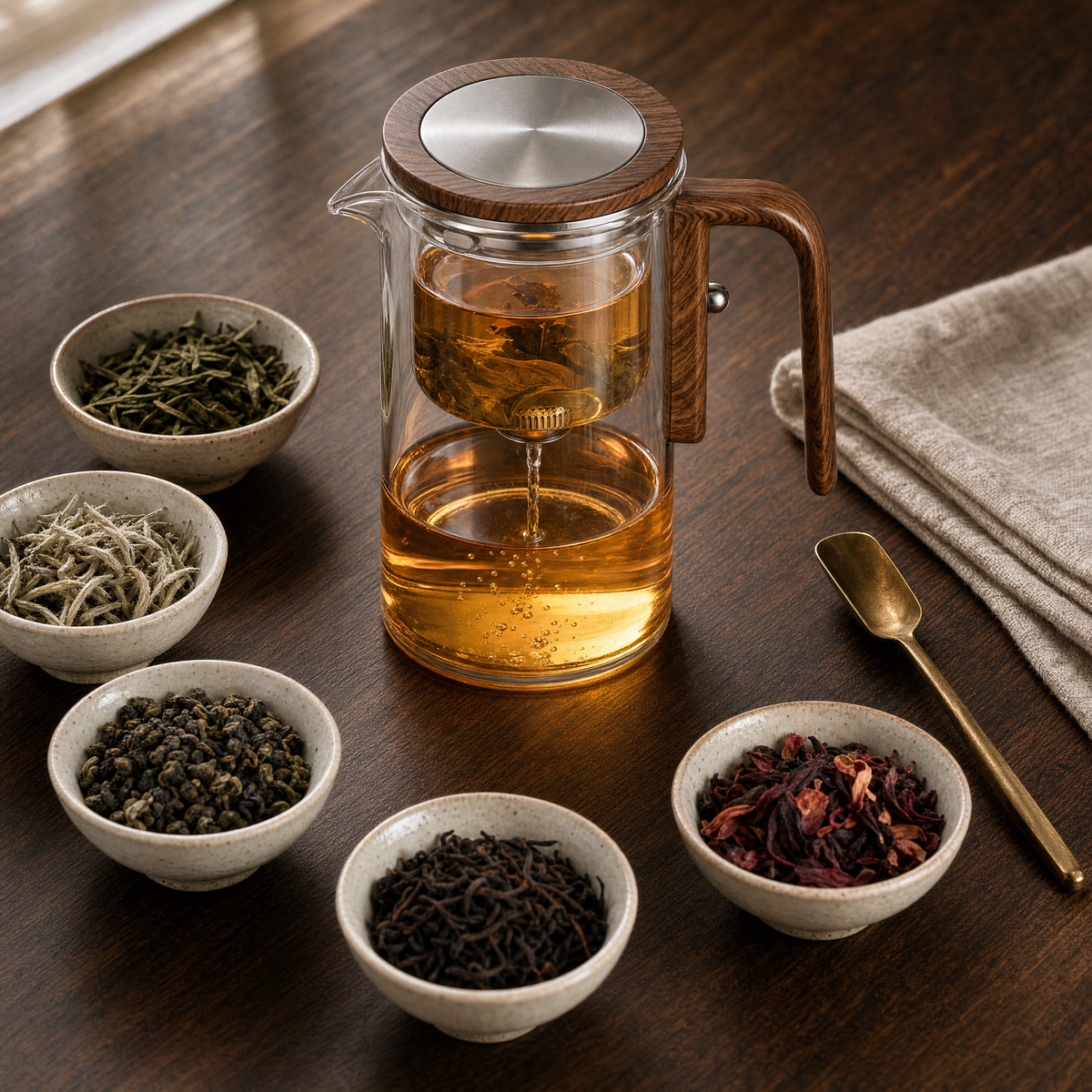 The Mesato Teapot among bowls of green, white, oolong, black and hibiscus tea
