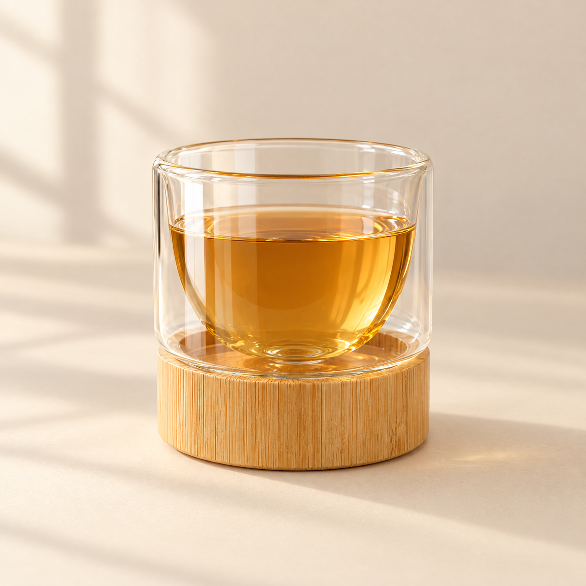 A double-wall glass cup of amber tea on a bamboo base, on a cream background