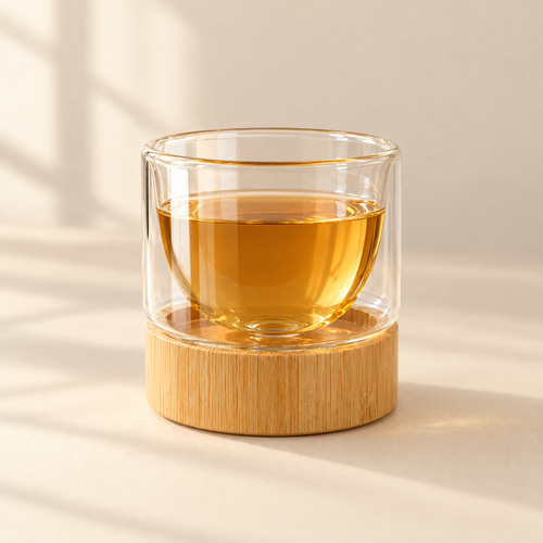 A double-wall glass cup of amber tea on a bamboo base, on a cream background