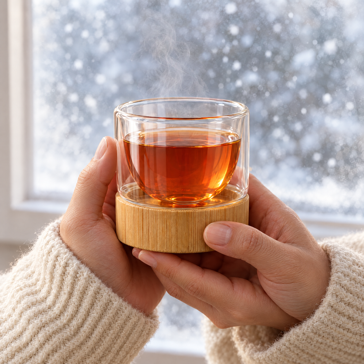 Hands in a knit sweater holding a double-wall glass cup of tea by a snowy window