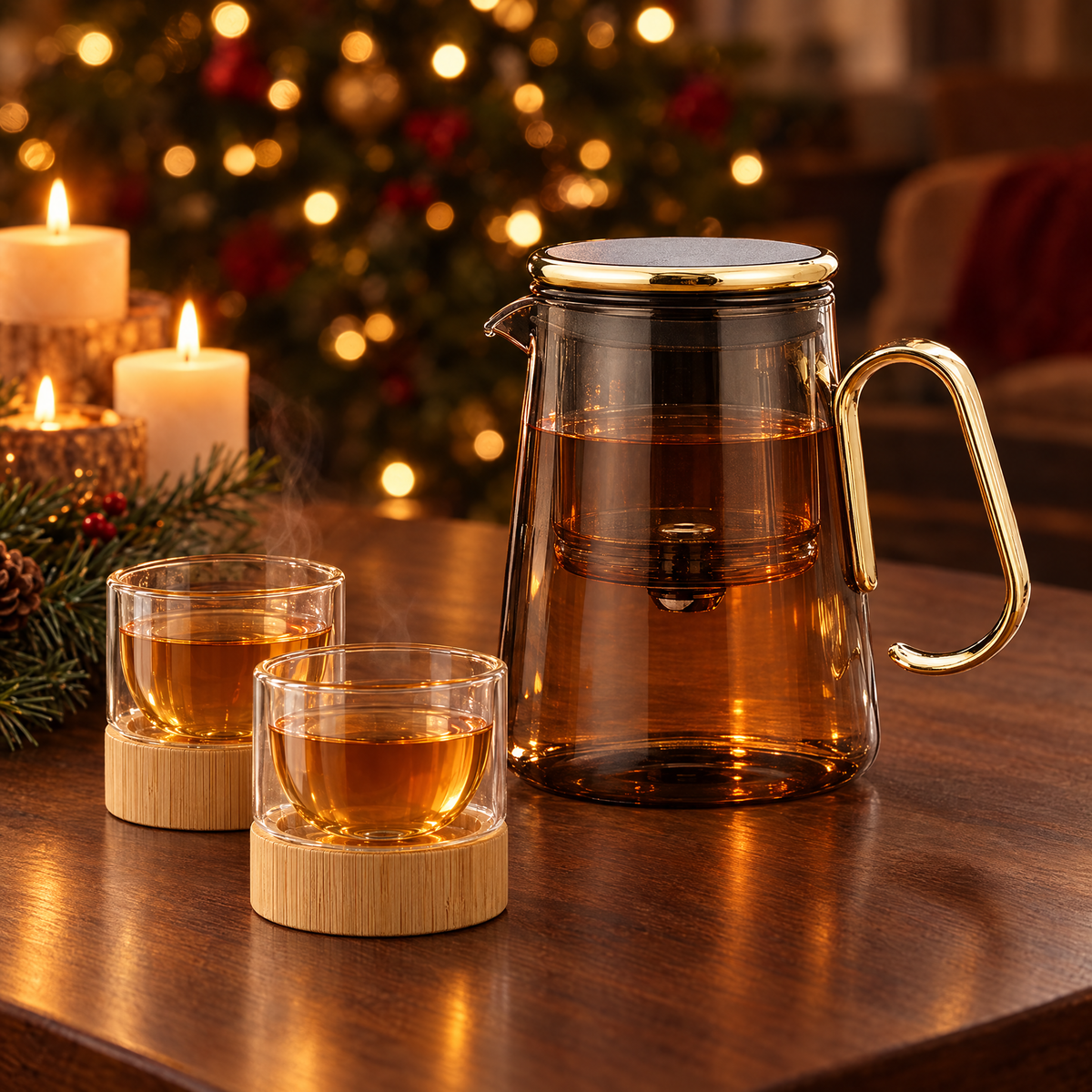 The smoke-glass Lumen Teapot and two glass cups of tea by candlelight with a Christmas tree behind