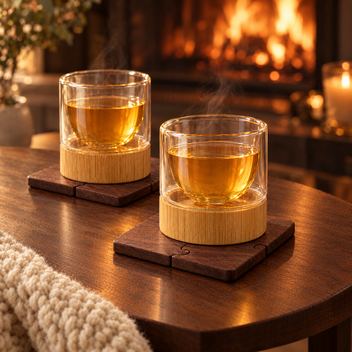 Two double-wall glass cups of steaming tea on walnut coasters by a fireplace