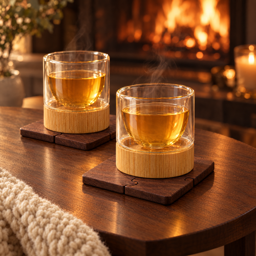 Two double-wall glass cups of steaming tea on walnut coasters by a fireplace