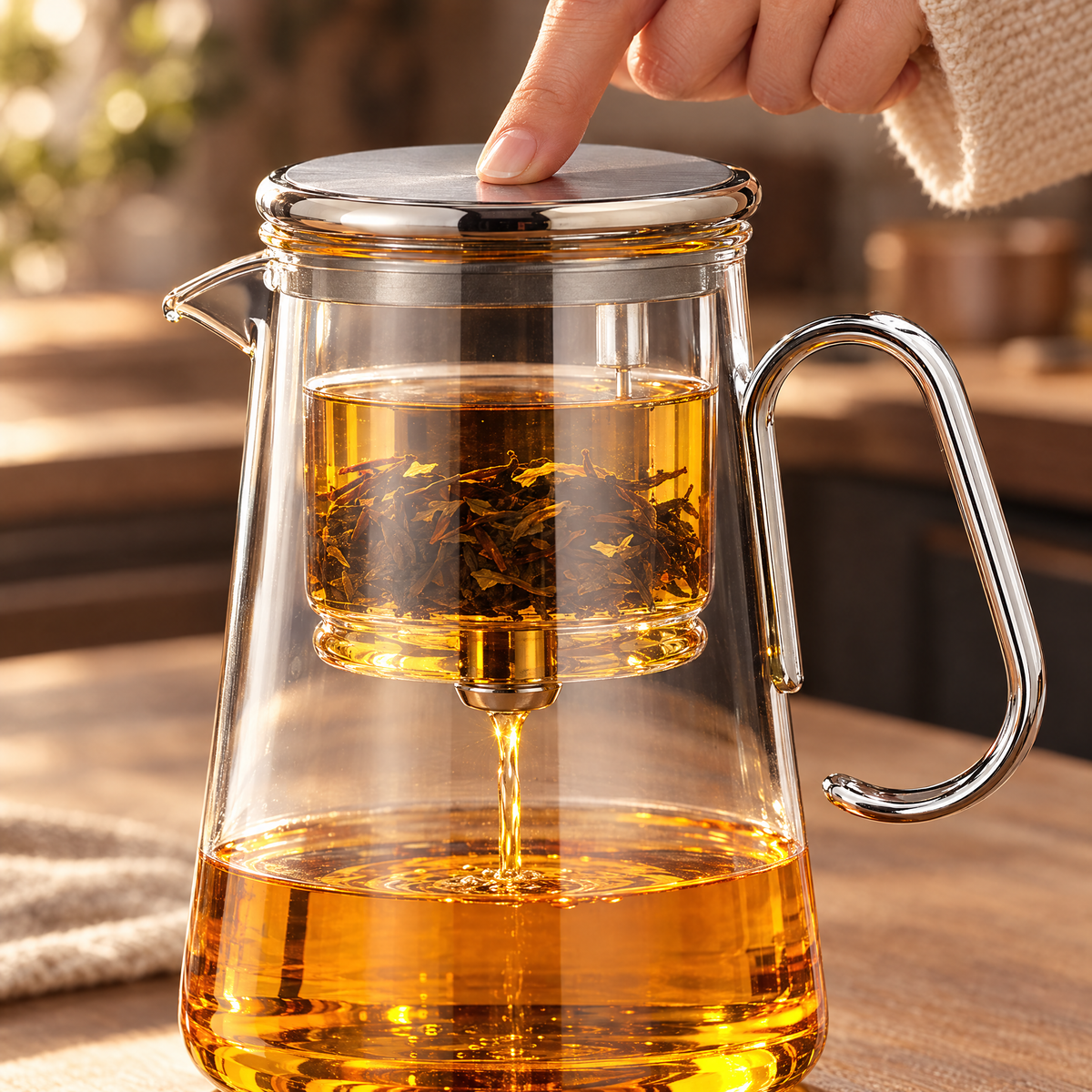 A finger pressing the Lumen lid as tea drains from the glass infuser into the pot