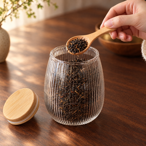 Scooping loose-leaf tea from the open ribbed caddy with a wooden spoon