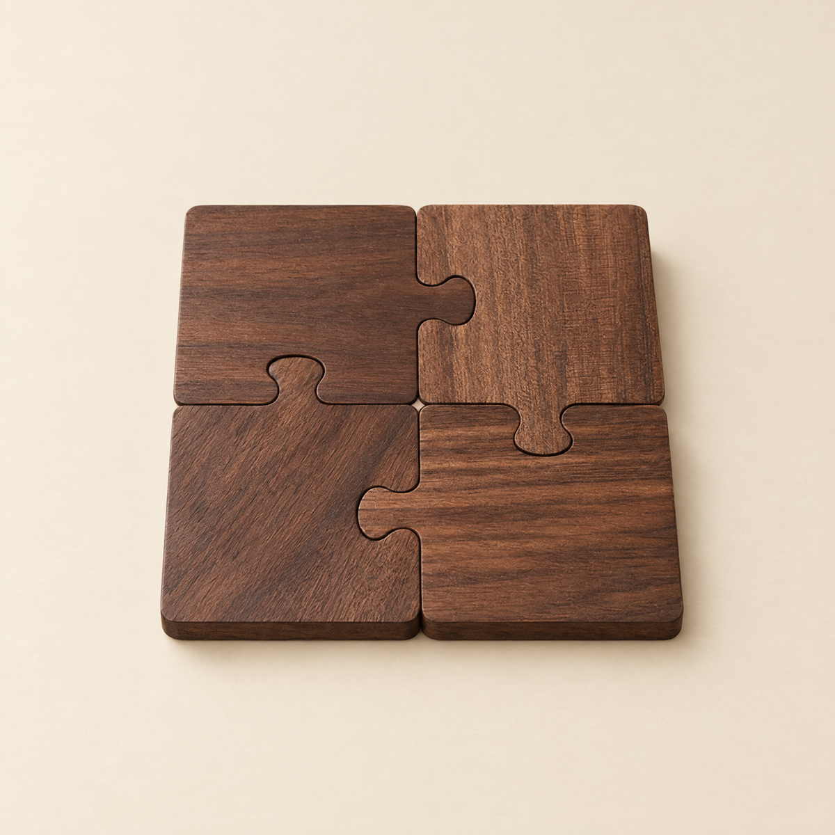 Four walnut coasters fitted together into a square
