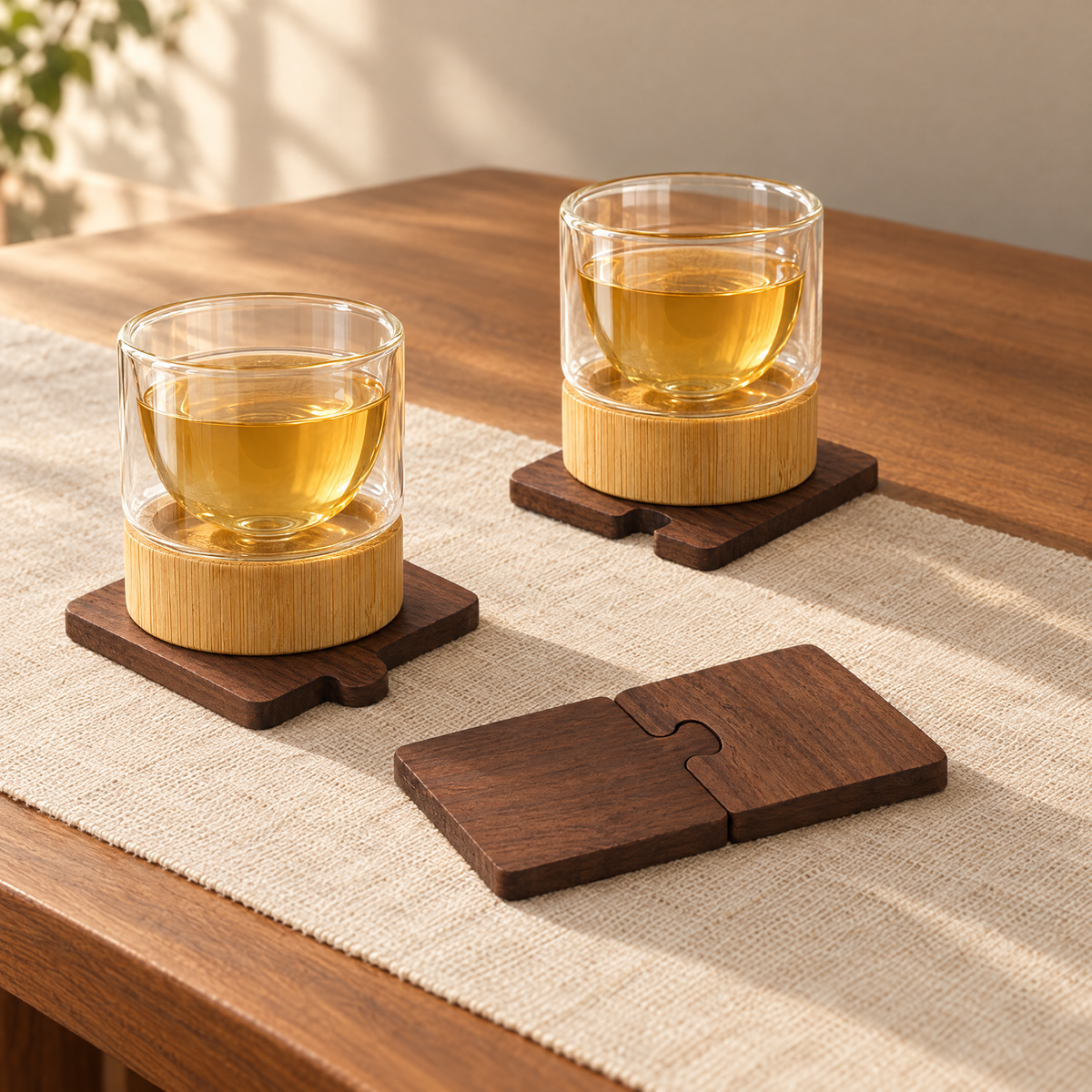 Walnut coasters on a linen runner, two holding glass cups of tea