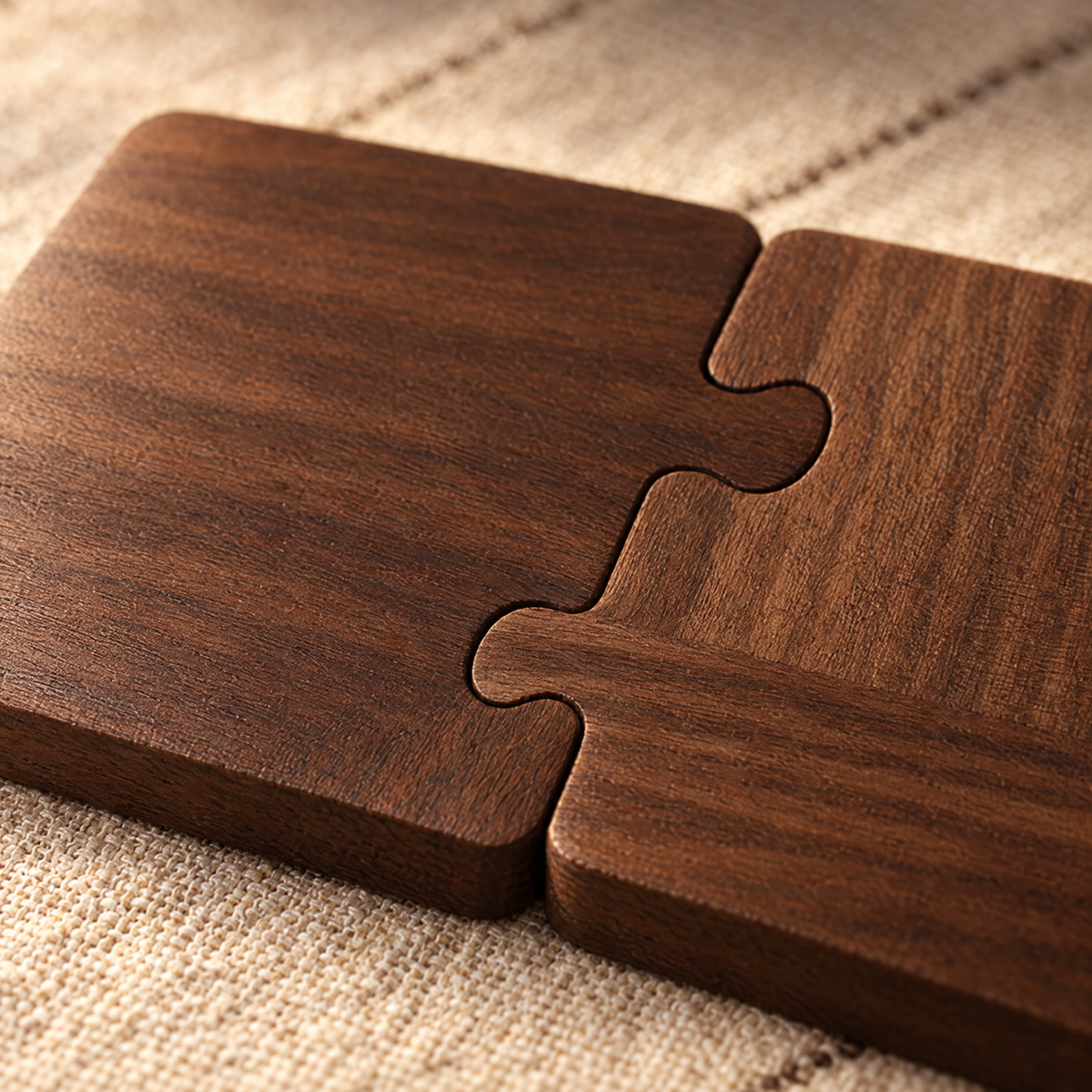 Close-up of the puzzle joint between two walnut coasters