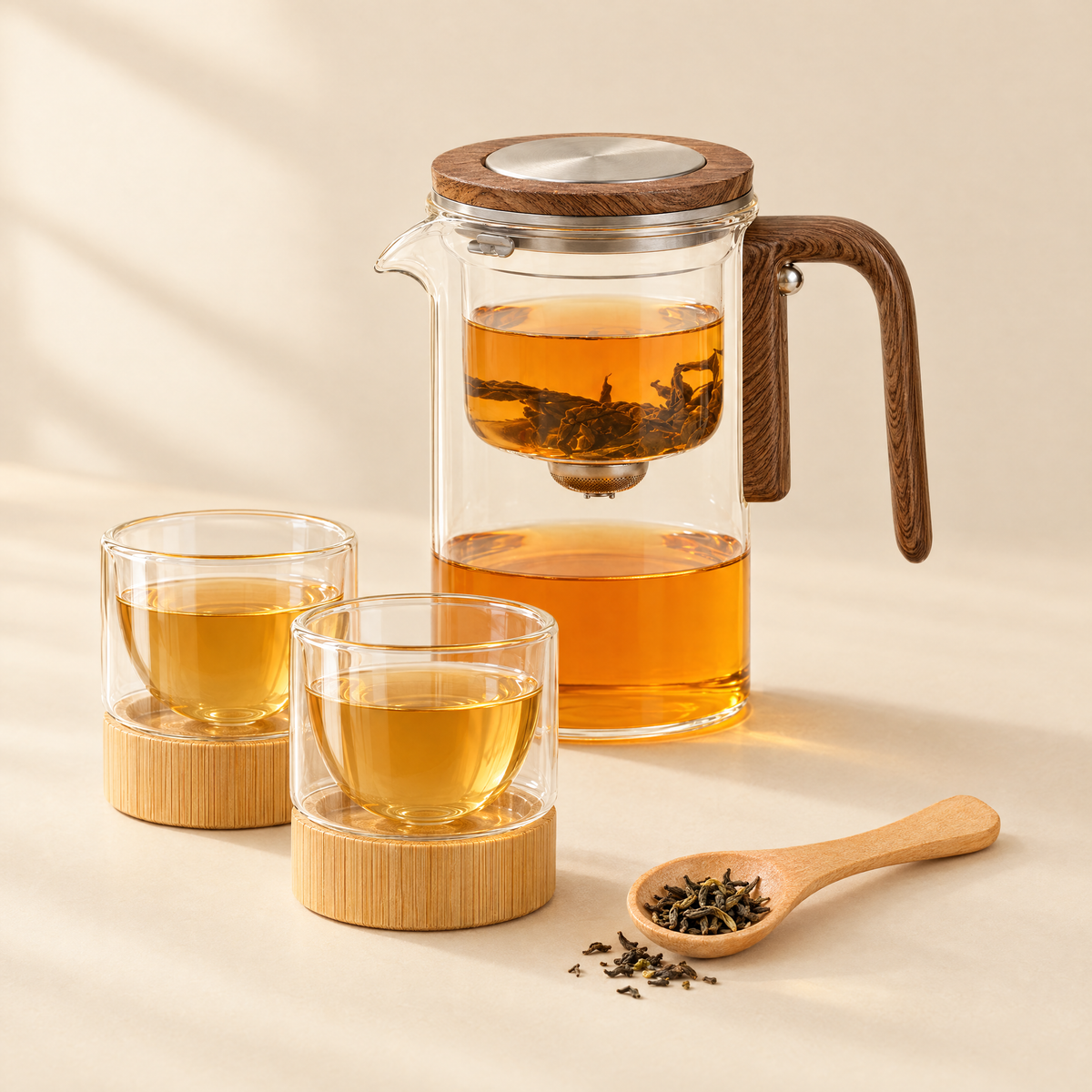 The Mesato Gift Set: the Mesato Teapot, two double-wall cups and a wooden spoon