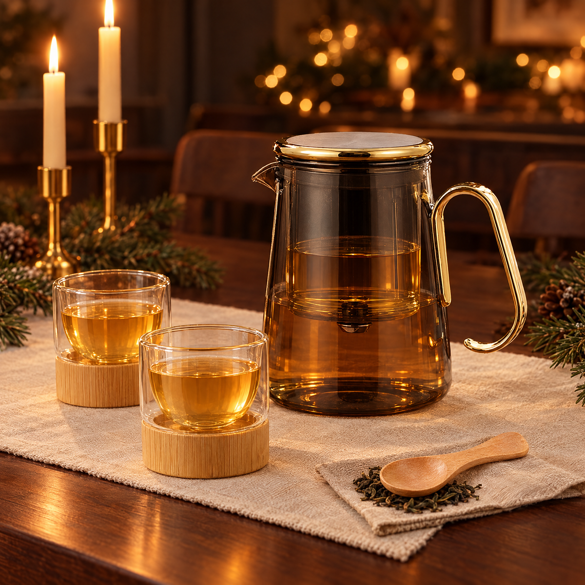 The Lumen Gift Set on a candlelit holiday dinner table