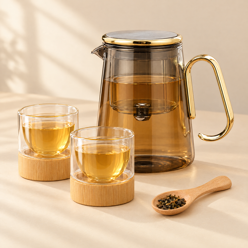 The Lumen Gift Set: the smoke-glass Lumen Teapot, two double-wall cups and a wooden spoon